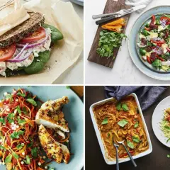 Fyra bilder visar olika rätter som passar för en nyttig lunch: en mättande smörgås, en fräsch sallad med kyckling, en färggrann grönsakssallad med kyckling och en värmande gryta.