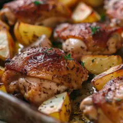 Saftig kycklingfile i ugn med klyftpotatis, gyllene och kryddade. En härlig ugnsrätt som doftar ljuvligt.
