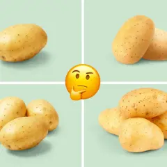 Tänker du på kokt potatis kcal? Bilden visar olika mängder potatis, från en till flera, med en fundersam emoji i mitten.