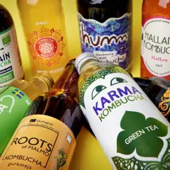 Flera flaskor kombucha, som Captain Kombucha och Karma Kombucha, ligger utspridda. En varning för kombucha kan vara relevant då drycken kan vara känslig.