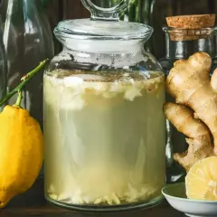 En stor glasburk med en bubblande ginger bug, omgiven av färsk ingefära och en citron.