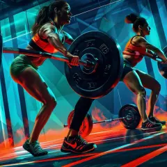 Två kvinnor lyfter skivstänger i ett modernt gym. Intensiv träning som en del av deras gymprogram.