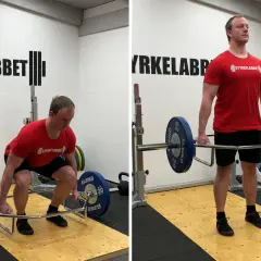 Man utför trap bar marklyft. Bilden visar övningen från startposition till toppläget.