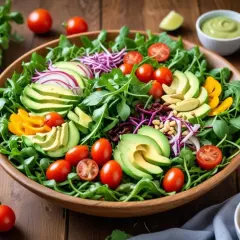 En stor sallad med ruccola, avokado, tomater och rödlök. Ruccola nyttigt och gott!