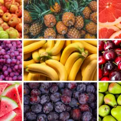 En collage av frukter: äpplen, ananas, grapefrukt, vindruvor, bananer, körsbär, vattenmelon och plommon. Här finns den nyttigaste frukten för alla smaker.