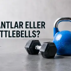 En blå kettlebell och en hantel ligger på ett betonggolv. Texten "Hantlar eller Kettlebells?" antyder ett val för ditt kettlebell program.