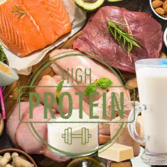 En mängd proteinrika livsmedel som lax, kött, kyckling, ägg, nötter, linser och proteinpulver.