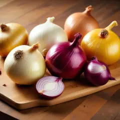 A variety of whole and halved onions, including red, yellow, and white, arranged on a wooden cutting board.