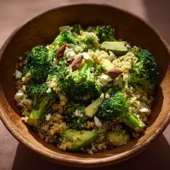 En skål med quinoa, broccoli, avokado och mandlar. En hälsosam och nyttig måltid.