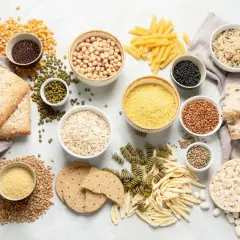 En variation av kolhydrater mat: bröd, pasta, ris, havre, linser, kikärtor och majs.