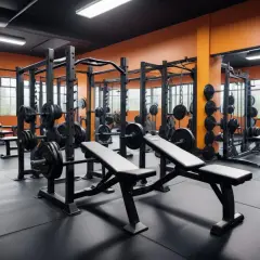Ett modernt gym med vikter, bänkar och rack. Perfekt för dina gym tips och styrketräning.