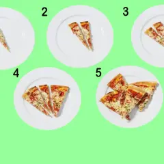 Fem tallrikar med pizzaskivor, från en till fem. En visuell guide för att förstå pizza kalorier.