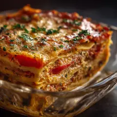 En bit nyttig lasagne med lager av köttfärs, tomatsås och ost, toppad med persilja.
