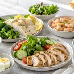 Plates of grilled chicken, fish, shrimp, hard-boiled eggs, yogurt with berries, and salads.