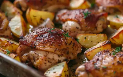 Saftig kycklingfile i ugn med klyftpotatis, gyllene och kryddade. En härlig ugnsrätt som doftar ljuvligt.