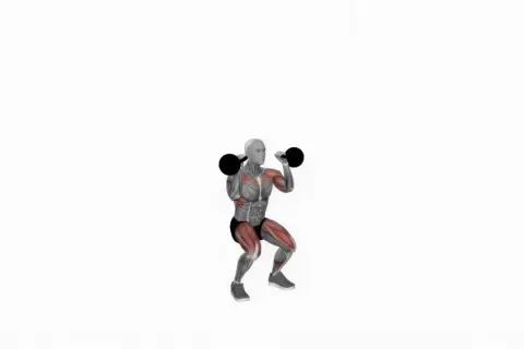 Muskulös figur utför en knäböj med kettlebells i axelhöjd, redo för thrusters.