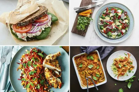 Fyra bilder visar olika rätter som passar för en nyttig lunch: en mättande smörgås, en fräsch sallad med kyckling, en färggrann grönsakssallad med kyckling och en värmande gryta.