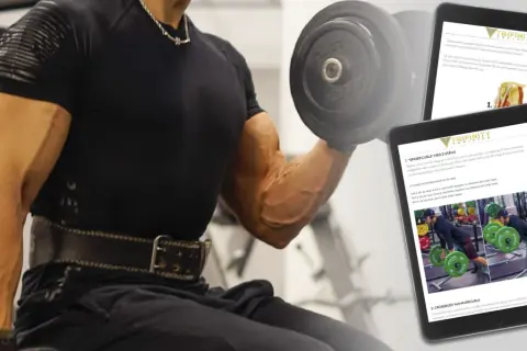 Man med väldefinierade biceps utför en hantelcurl. En surfplatta visar instruktioner för bicepsövningar, inklusive "cable biceps curl".