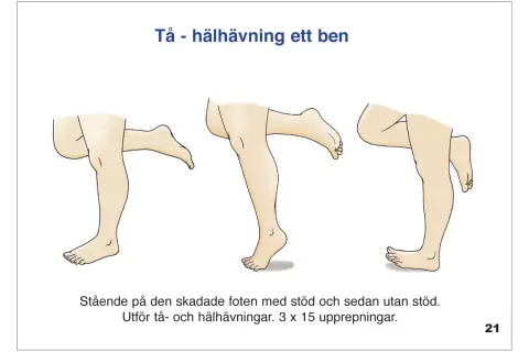 Illustrationer visar tå- och hälhävningar för att rehabilitera en stukad eller vrickad fot.
