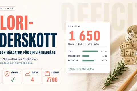 Grafik visar en plan för viktnedgång med ett kaloriunderskott på 1650 kcal/dag. Den listar symptom som trötthet och hunger.