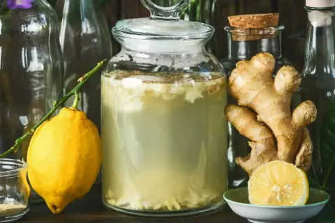 En stor glasburk med en bubblande ginger bug, omgiven av färsk ingefära och en citron.