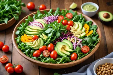 En stor sallad med ruccola, avokado, tomater och rödlök. Ruccola nyttigt och gott!