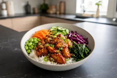 En skål med ris, kyckling, edamame, morötter, gurka, rödkål och spenat. Perfekt för deff matlådor.