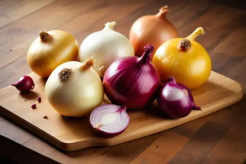 A variety of whole and halved onions, including red, yellow, and white, arranged on a wooden cutting board.
