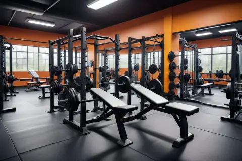 Ett modernt gym med vikter, bänkar och rack. Perfekt för dina gym tips och styrketräning.