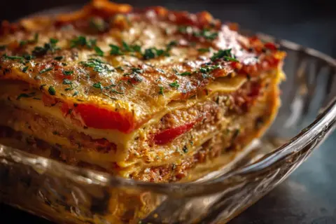 En bit nyttig lasagne med lager av köttfärs, tomatsås och ost, toppad med persilja.