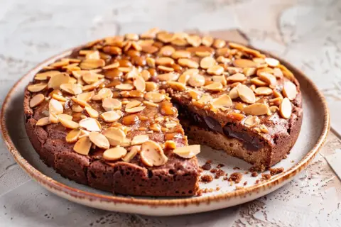 En saftig och chokladig nyttig kladdkaka toppad med mandel och karamell.