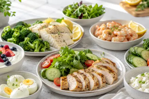 Plates of grilled chicken, fish, shrimp, hard-boiled eggs, yogurt with berries, and salads.