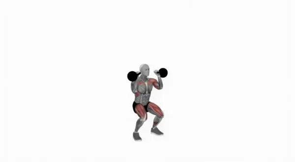 Muskulös figur utför en knäböj med kettlebells i axelhöjd, redo för thrusters.