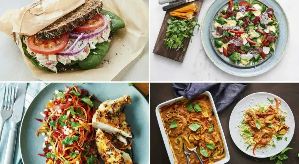 Fyra bilder visar olika rätter som passar för en nyttig lunch: en mättande smörgås, en fräsch sallad med kyckling, en färggrann grönsakssallad med kyckling och en värmande gryta.