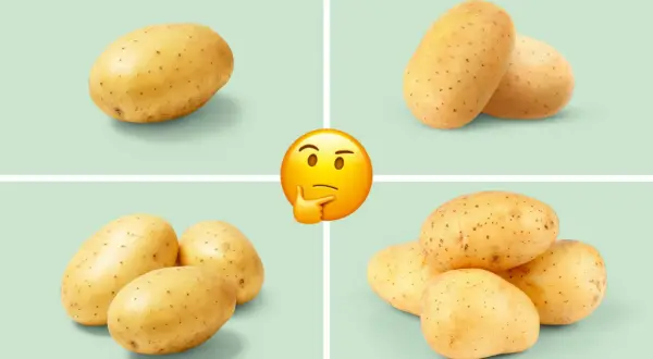 Tänker du på kokt potatis kcal? Bilden visar olika mängder potatis, från en till flera, med en fundersam emoji i mitten.