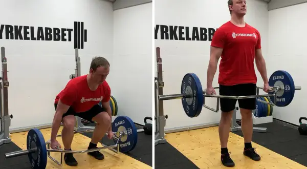 Man utför trap bar marklyft. Bilden visar övningen från startposition till toppläget.