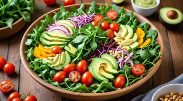 En stor sallad med ruccola, avokado, tomater och rödlök. Ruccola nyttigt och gott!