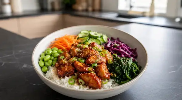 En skål med ris, kyckling, edamame, morötter, gurka, rödkål och spenat. Perfekt för deff matlådor.