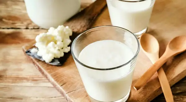 Två glas med krämig kefir står på en träskärbräda. Bredvid syns kefir-kultur och två träskedar. Kefir nyttigt för magen!
