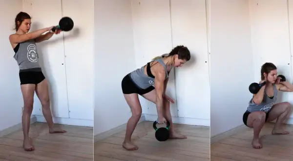 Kvinna utför kettlebell pass: sving, marklyft och goblet squat.
