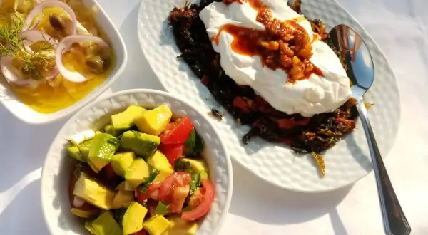 En härlig medelhavskost frukost med avokadosallad, en rätt med yoghurt och grönsaker samt en sallad med lök och kapris.
