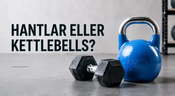 En blå kettlebell och en hantel ligger på ett betonggolv. Texten "Hantlar eller Kettlebells?" antyder ett val för ditt kettlebell program.