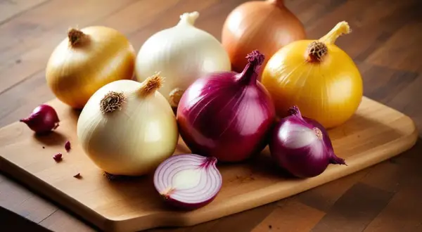A variety of whole and halved onions, including red, yellow, and white, arranged on a wooden cutting board.