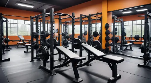 Ett modernt gym med vikter, bänkar och rack. Perfekt för dina gym tips och styrketräning.