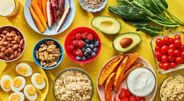 En färgsprakande dukning med proteinrik vegetarisk mat: bönor, ägg, nötter, bär, grönsaker och quinoa.