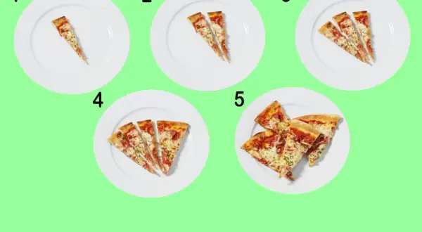 Fem tallrikar med pizzaskivor, från en till fem. En visuell guide för att förstå pizza kalorier.