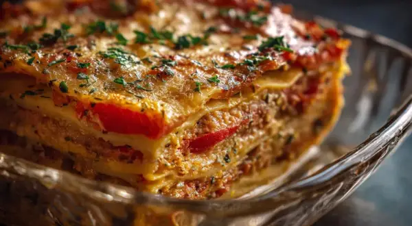 En bit nyttig lasagne med lager av köttfärs, tomatsås och ost, toppad med persilja.