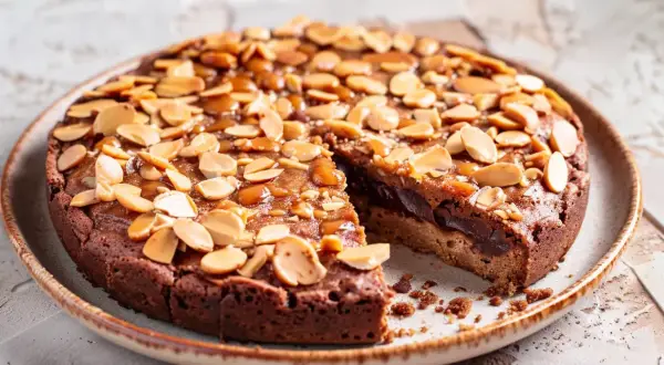 En saftig och chokladig nyttig kladdkaka toppad med mandel och karamell.