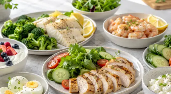 Plates of grilled chicken, fish, shrimp, hard-boiled eggs, yogurt with berries, and salads.