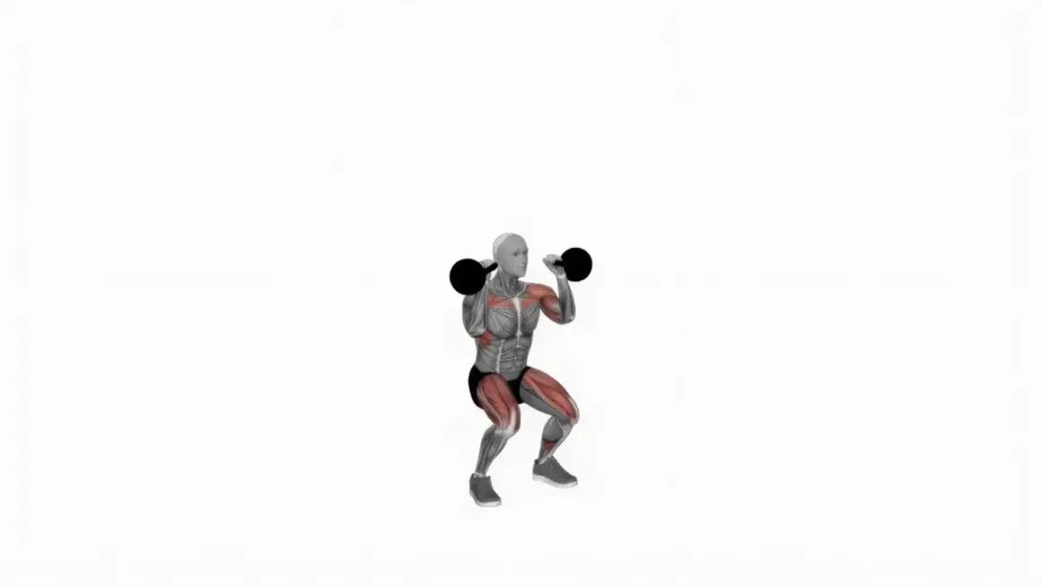 Muskulös figur utför en knäböj med kettlebells i axelhöjd, redo för thrusters.